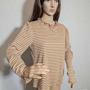 Striped Ruffle Neck Long Sleeve Top #760
